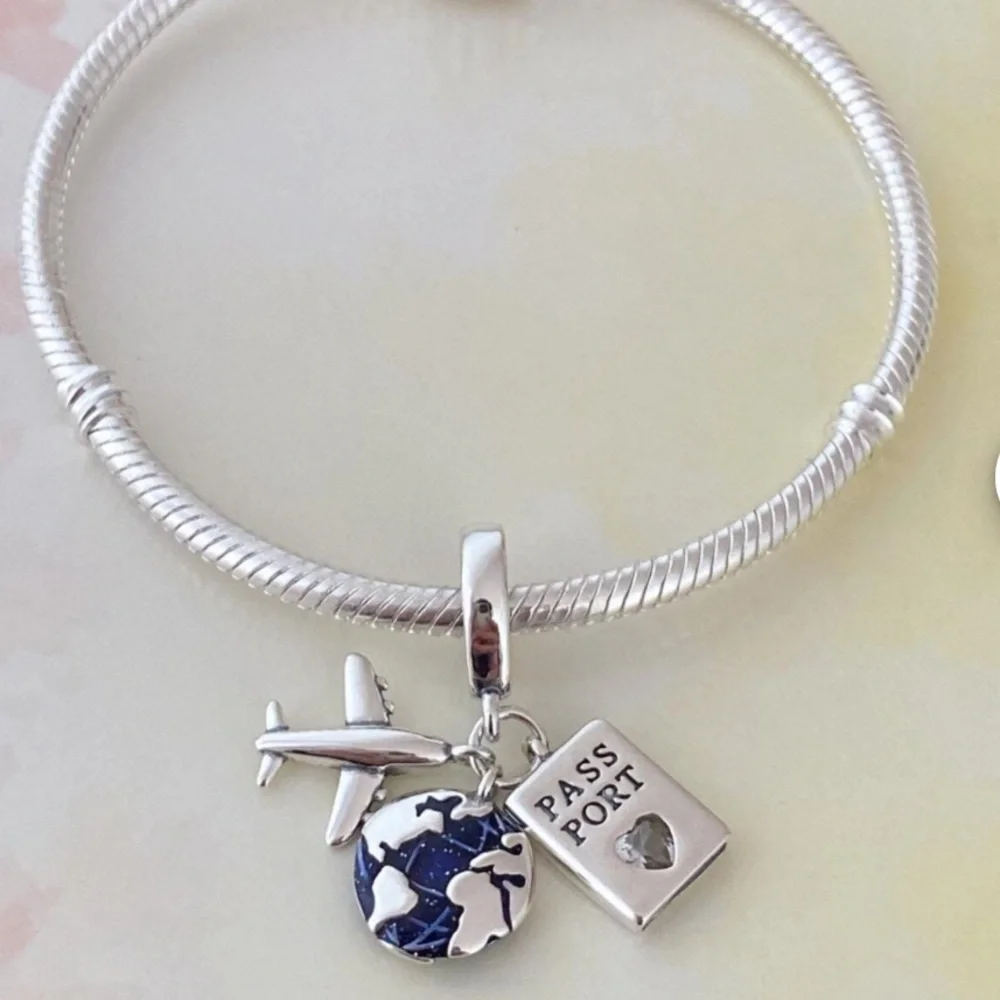 Sterling Silver Travel Airplane Passport Globe Dangle Charm-NEW